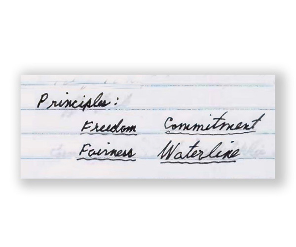 图片中列出了戈尔四大指导原则：自由、公平、承诺和水线。