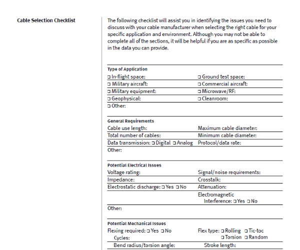 Cable Selection Checklist screenshot