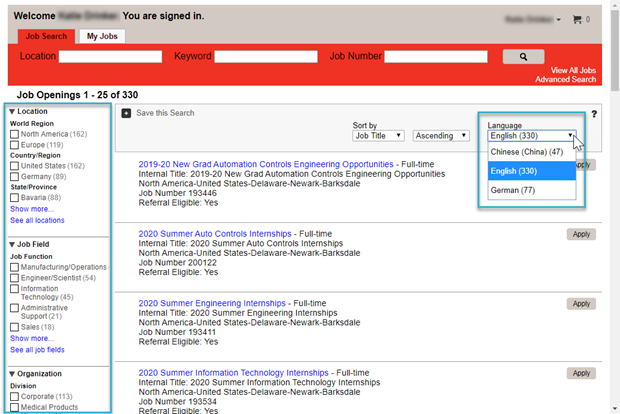 Screen shot showing language drop down and filter options.