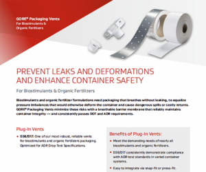 A thumbnail of the GORE® Packaging Vents for Biostimulants and Organic Fertilizers data sheet. 